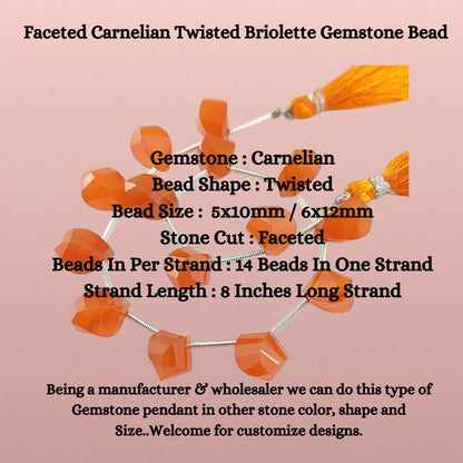 Faceted Carnelian Twisted Briolette Gemstone Bead