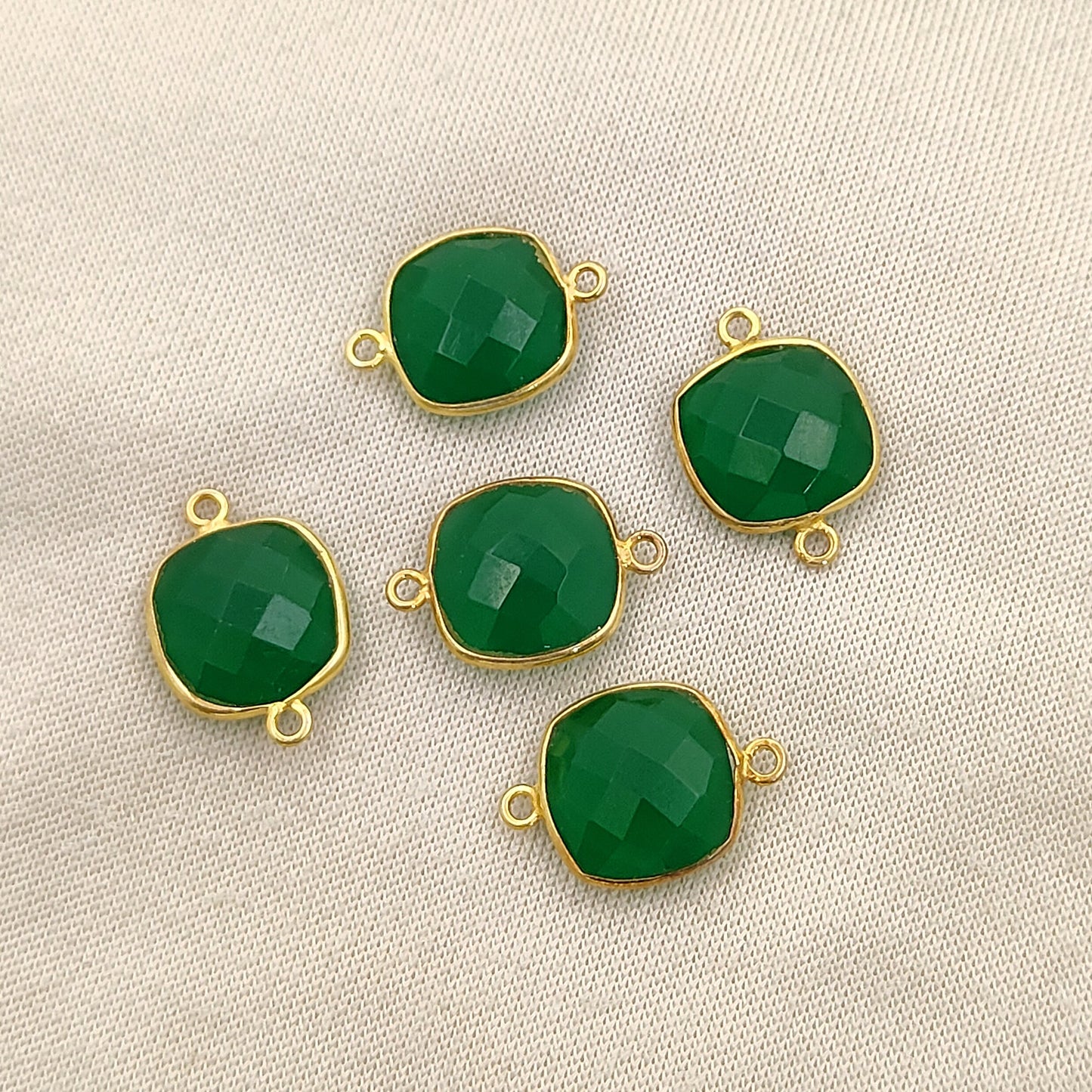 Faceted Green Onyx Connector Cushion Cut Gemstone Charms Gold Plated Sterling Silver Jewelry-Selling Per Piece