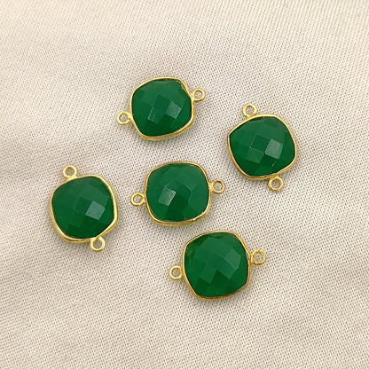 Faceted Green Onyx Connector Cushion Cut Gemstone Charms Gold Plated Sterling Silver Jewelry-Selling Per Piece