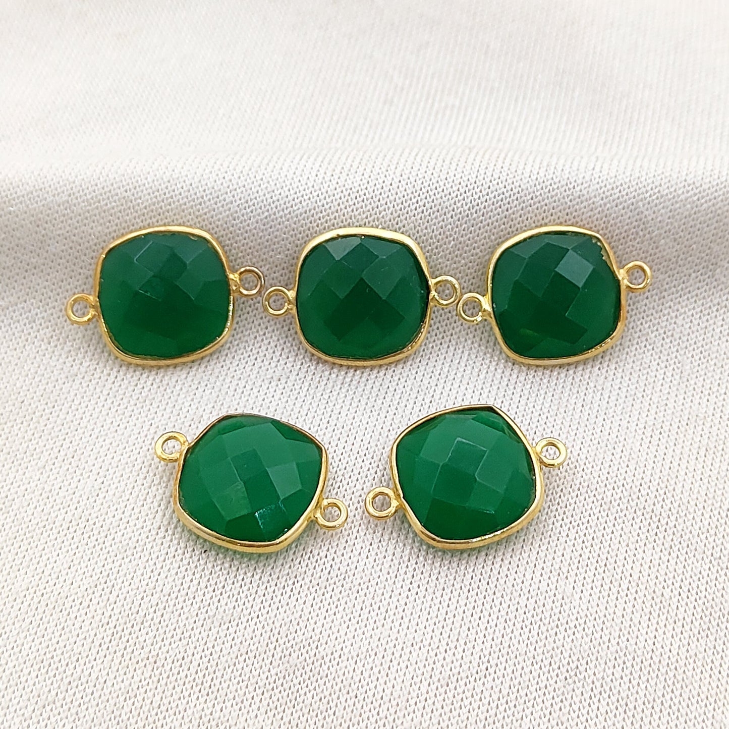Faceted Green Onyx Connector Cushion Cut Gemstone Charms Gold Plated Sterling Silver Jewelry-Selling Per Piece