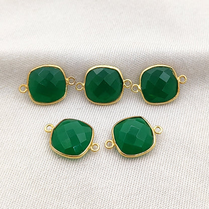 Faceted Green Onyx Connector Cushion Cut Gemstone Charms Gold Plated Sterling Silver Jewelry-Selling Per Piece