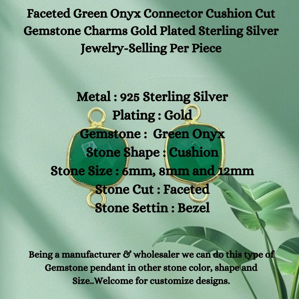 Handmade green onyx gemstone bezel charm gold plated 925 silver connector