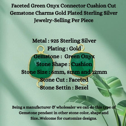 Handmade green onyx gemstone bezel charm gold plated 925 silver connector