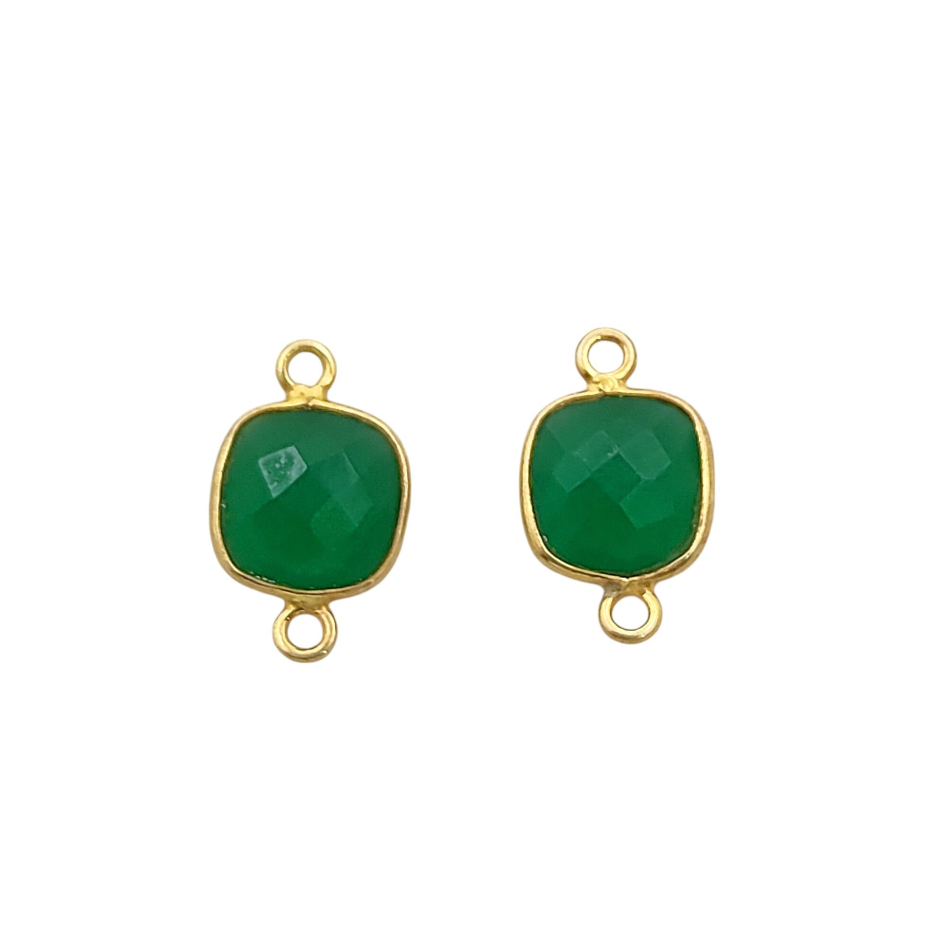 Faceted green onyx cushion cut connector charm in gold plated sterling silver bezel