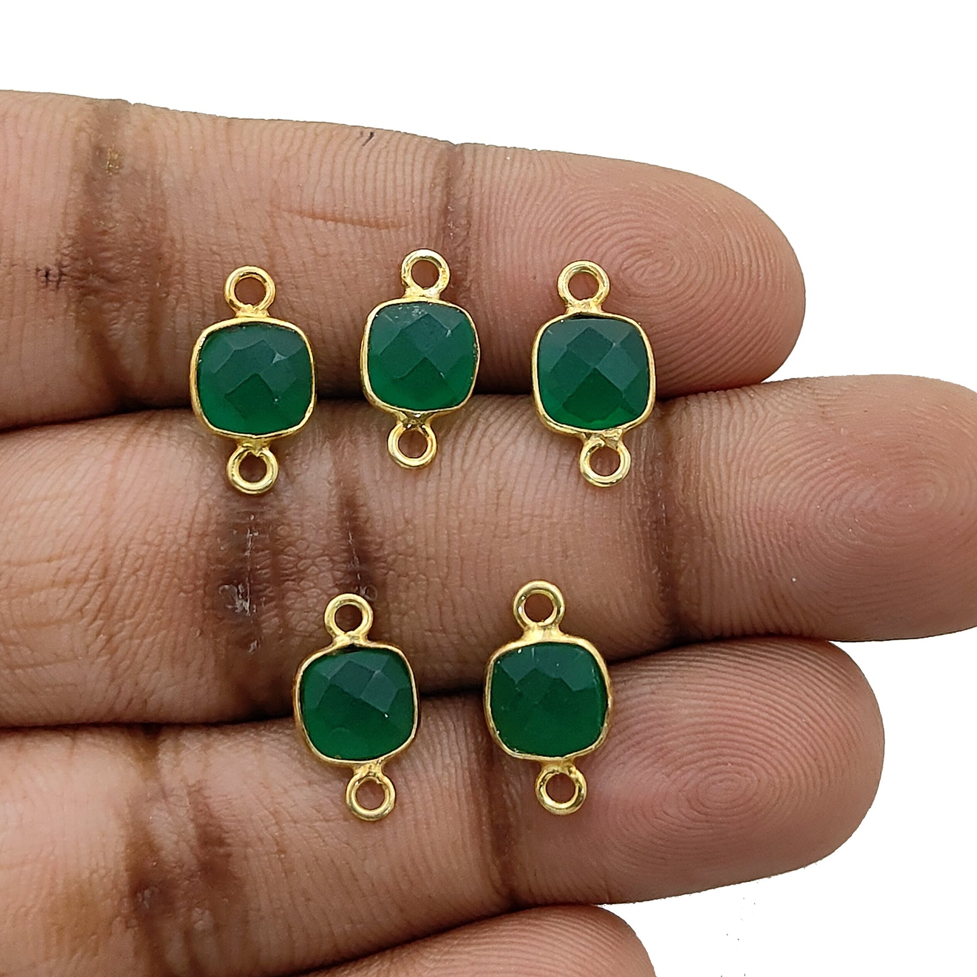 Artisan handmade green onyx bezel connector charm gold plated silver
