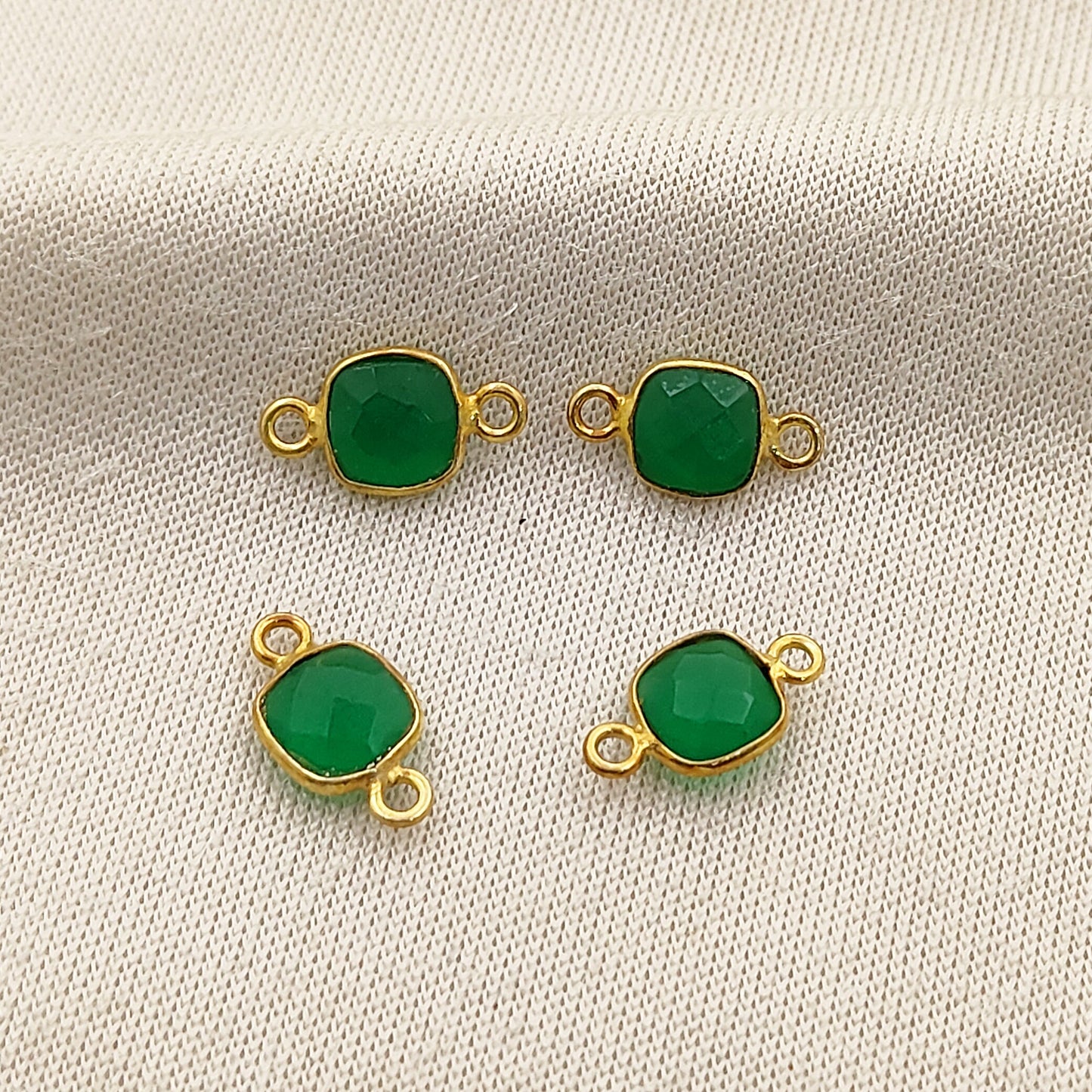 Faceted Green Onyx Connector Cushion Cut Gemstone Charms Gold Plated Sterling Silver Jewelry-Selling Per Piece