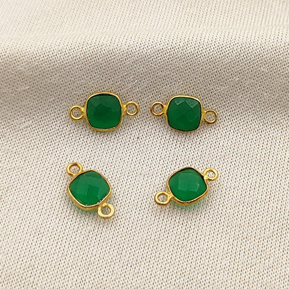 Faceted Green Onyx Connector Cushion Cut Gemstone Charms Gold Plated Sterling Silver Jewelry-Selling Per Piece