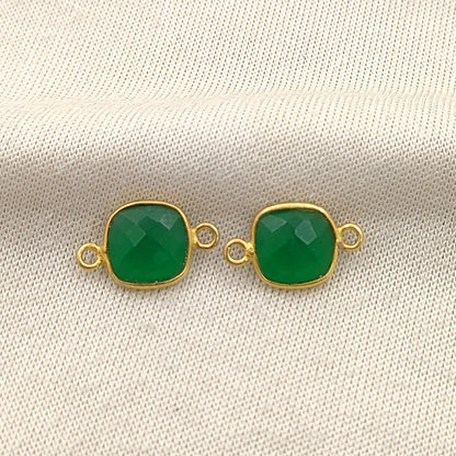 Faceted Green Onyx Connector Cushion Cut Gemstone Charms Gold Plated Sterling Silver Jewelry-Selling Per Piece