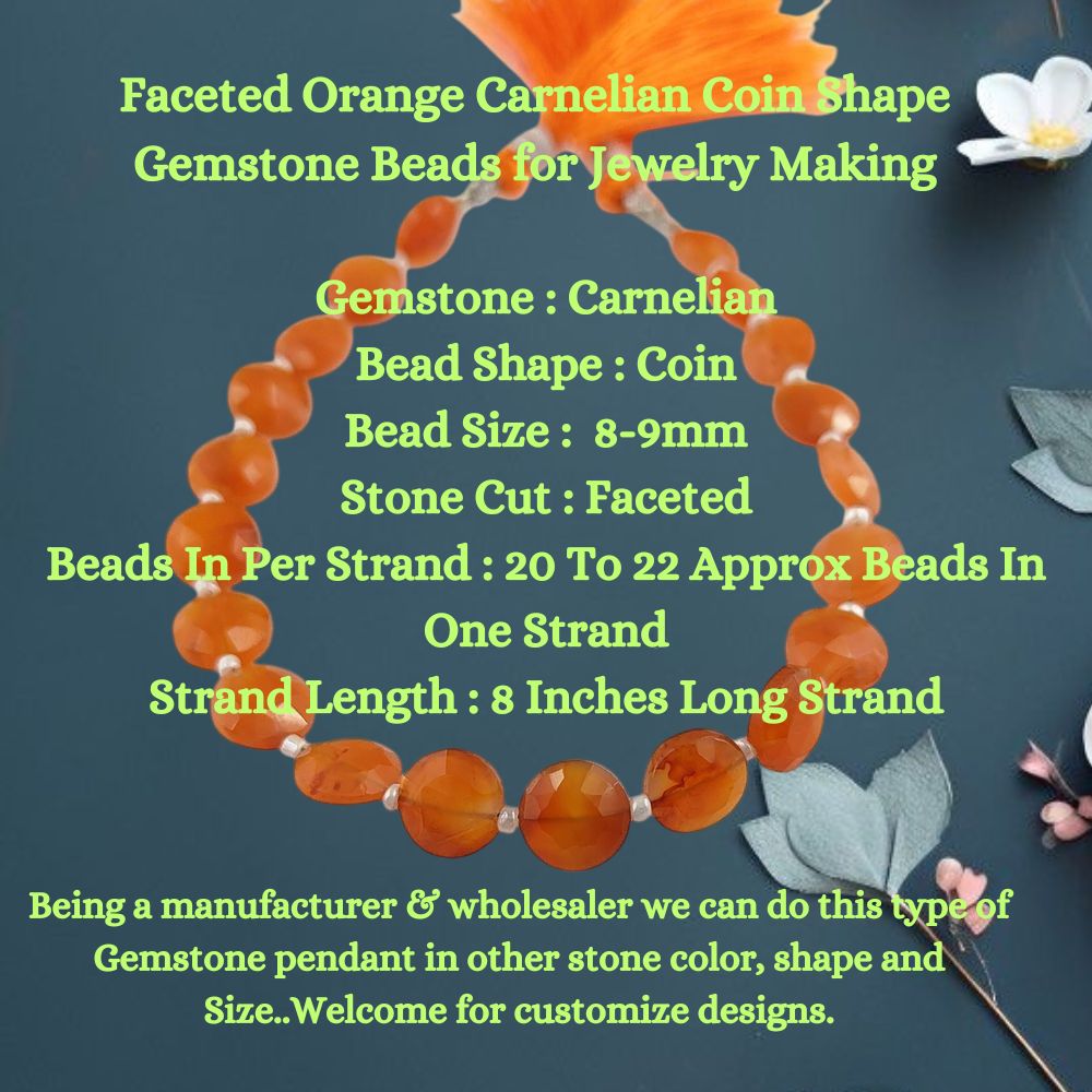 Faceted Orange Carnelian Coin Shape Gemstone Beads for Jewelry Making