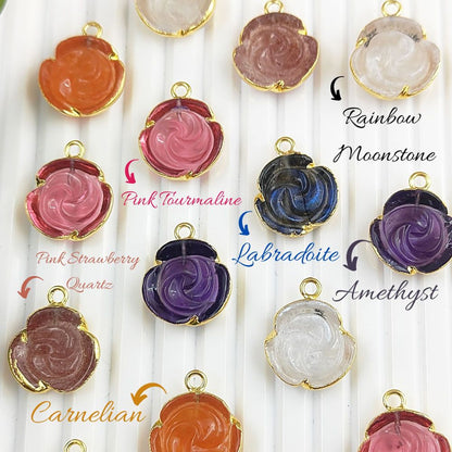 Handmade Pink Tourmaline Rose Pendant Necklace Gold-Plated Floral Gemstone Charm Unique Jewelry Gift for Mother’s Day- Selling Per Piece