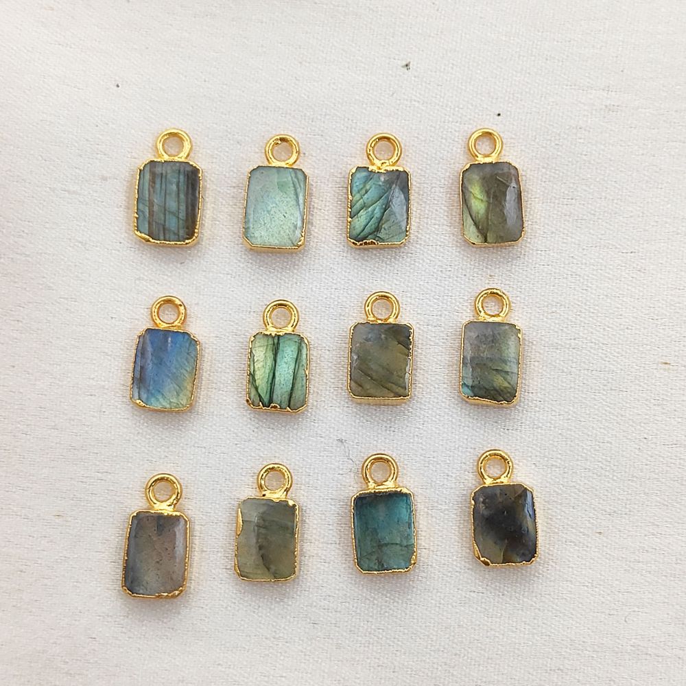 Flashy Labradorite Rectangle Gemstone Charm with Gold Electroplated Finish DIY Jewelry Making Pendant for Necklaces- Selling Per Piece
