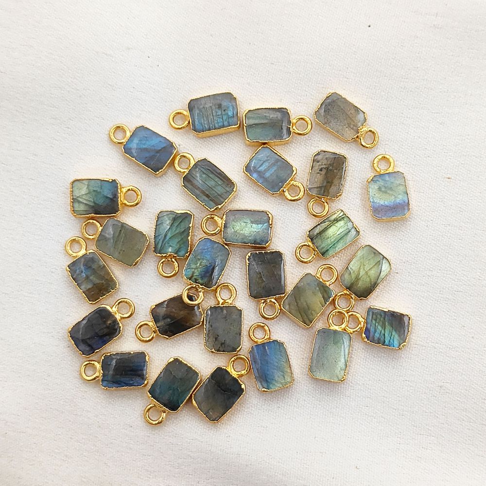 Flashy Labradorite Rectangle Gemstone Charm with Gold Electroplated Finish DIY Jewelry Making Pendant for Necklaces- Selling Per Piece