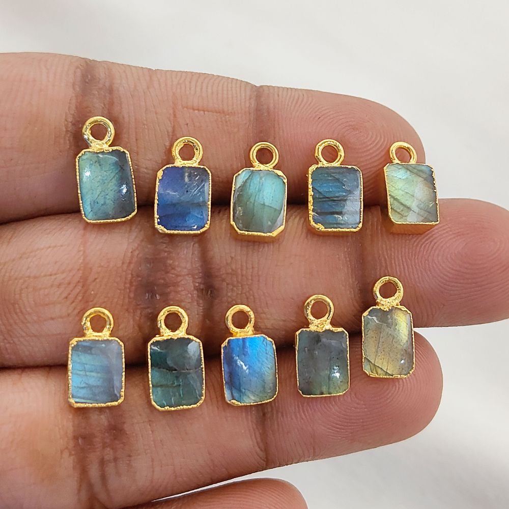 Flashy Labradorite Rectangle Gemstone Charm with Gold Electroplated Finish DIY Jewelry Making Pendant for Necklaces- Selling Per Piece