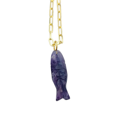 Fluorite Gemstone Fish Necklace Hand-Carved Bohemian Pendant on Elegant Gold Paperclip Chain- Selling Per Piece