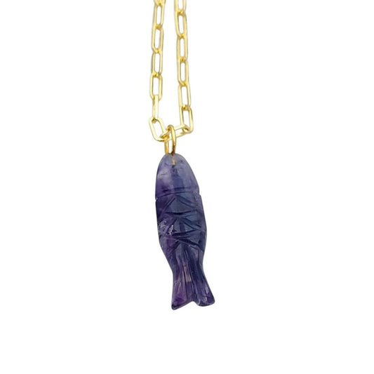 Fluorite Gemstone Fish Necklace Hand-Carved Bohemian Pendant on Elegant Gold Paperclip Chain- Selling Per Piece