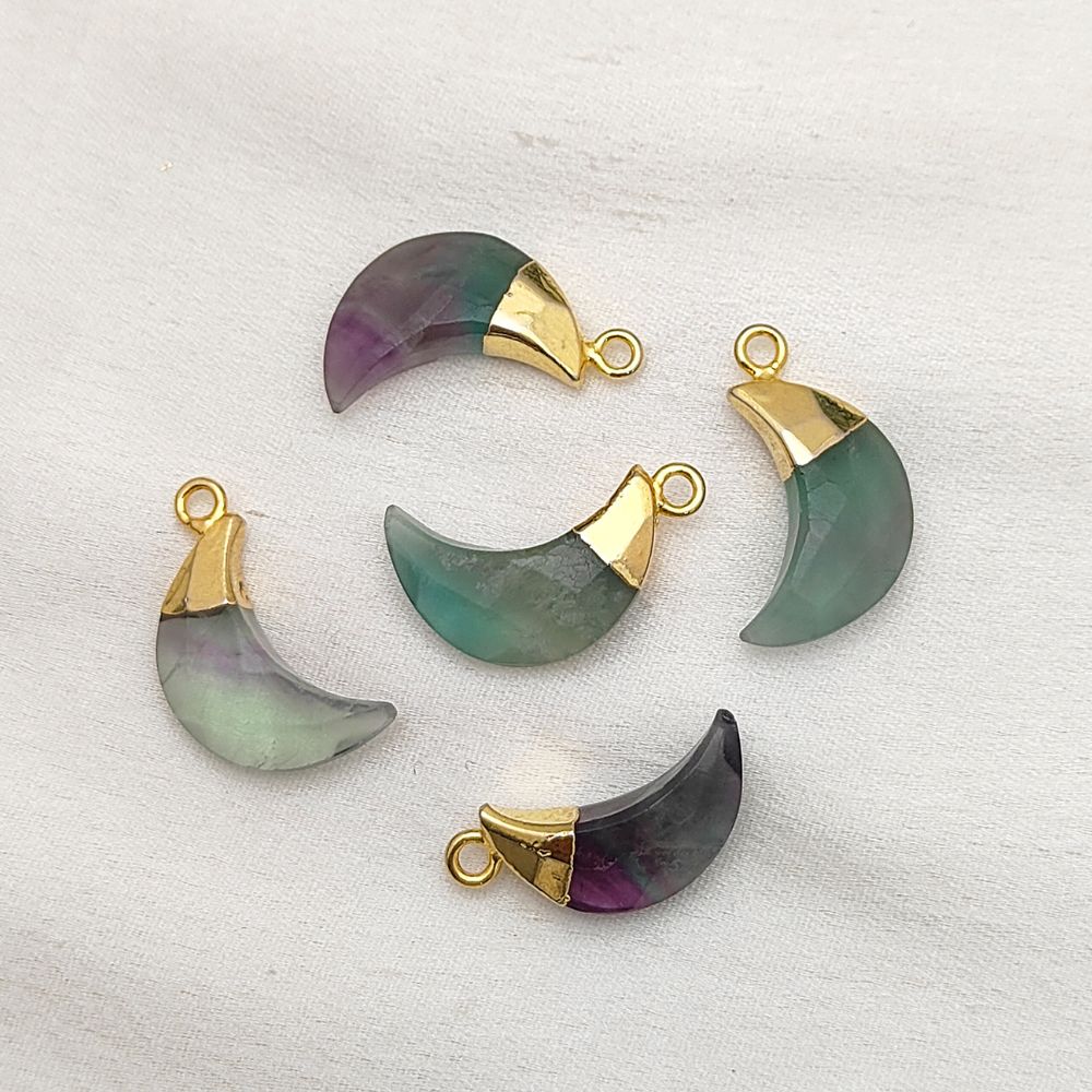Fluorite Crescent Moon Gemstone Pendant – Gold Capped Charm for DIY Jewelry & Crafts