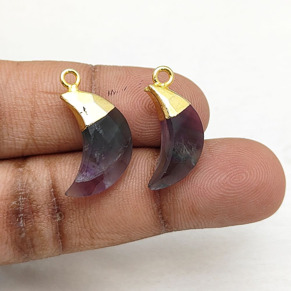 Fluorite Half Moon Pendant – Gold Capped Gemstone Charm for Custom Jewelry & Craft Projects