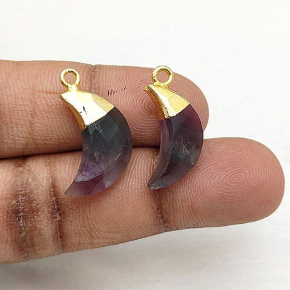 Fluorite Half Moon Pendant – Gold Capped Gemstone Charm for Custom Jewelry & Craft Projects