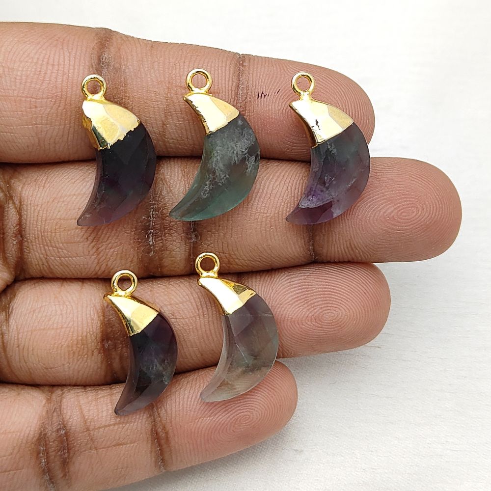 Gold Capped Fluorite Crescent Charm – Half Moon Gemstone Pendant for DIY Jewelry Making
