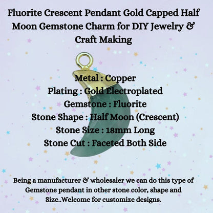 Fluorite Crescent Moon Pendant – Gold Capped Gemstone Charm for DIY Jewelry & Crafts