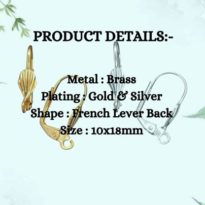 French Lever Back Shell Hook Earring Ear Wire with Open Loop, Jewelry Making Findings- Selling Per Pair