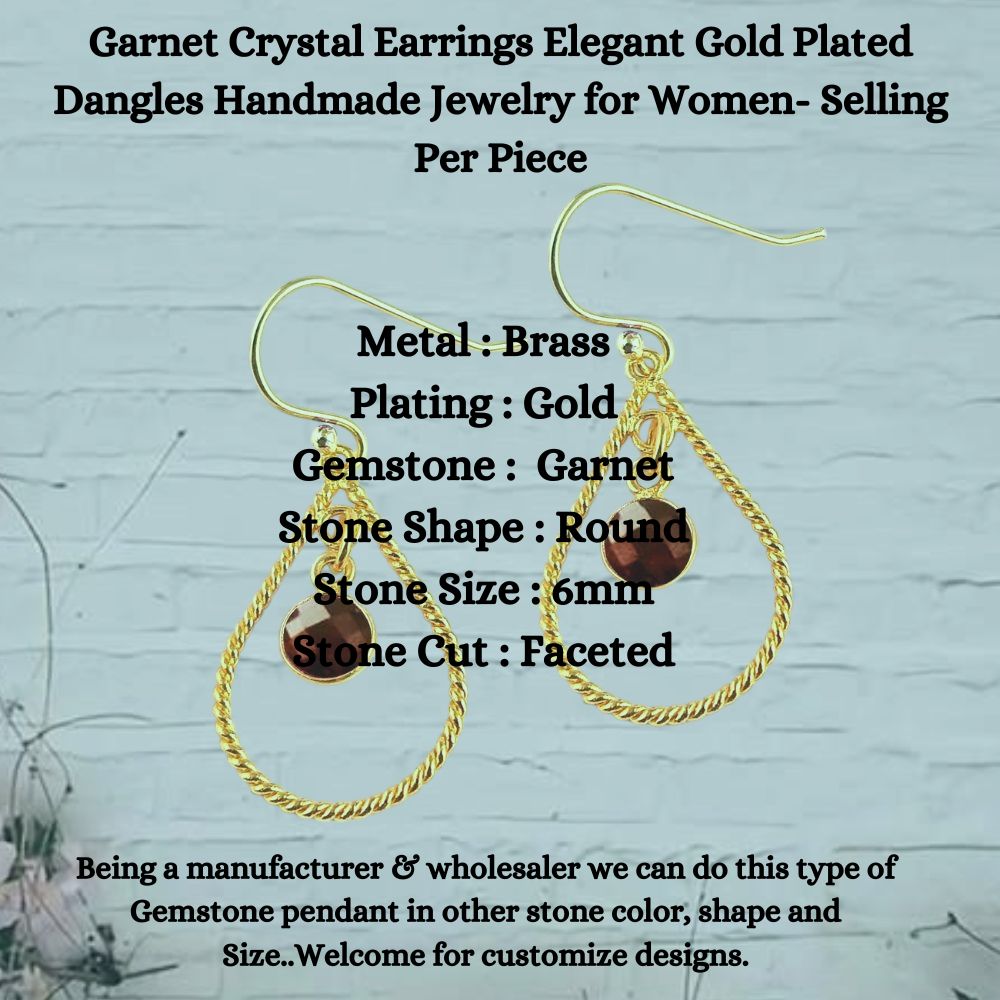 Gold Garnet Earring – Handmade Red Crystal Dangle, January Birthstone Jewelry – Per Piece Listing