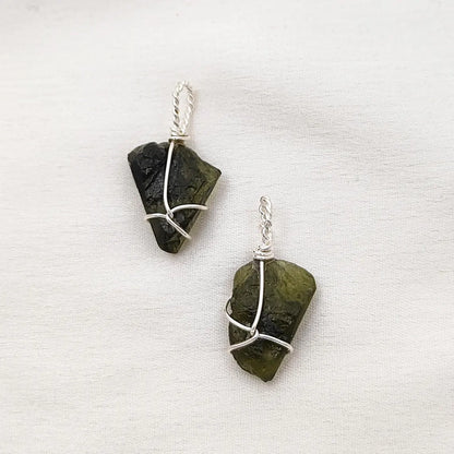 Genuine Moldavite Crystal Pendant Raw Tektite Healing Stone Wire Wrapped in 925 Sterling Silver Spiritual Jewelry Charm- Selling Per Piece