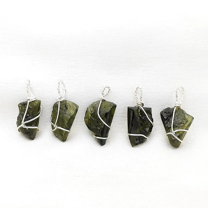 Genuine Moldavite Crystal Pendant Raw Tektite Healing Stone Wire Wrapped in 925 Sterling Silver Spiritual Jewelry Charm- Selling Per Piece