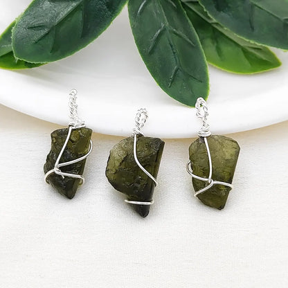 Genuine Moldavite Crystal Pendant Raw Tektite Healing Stone Wire Wrapped in 925 Sterling Silver Spiritual Jewelry Charm- Selling Per Piece