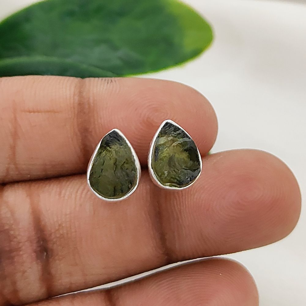 Genuine Pear-Shaped Raw Moldavite Earrings in Sterling Silver Handmade Minimalist Collet Studs with Secure Push Back- Selling Per Pair
