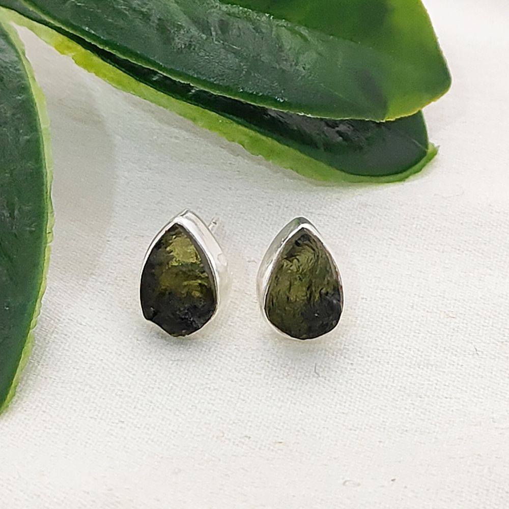 Genuine Pear-Shaped Raw Moldavite Earrings in Sterling Silver Handmade Minimalist Collet Studs with Secure Push Back- Selling Per Pair
