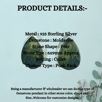 Genuine Pear-Shaped Raw Moldavite Earrings in Sterling Silver Handmade Minimalist Collet Studs with Secure Push Back- Selling Per Pair