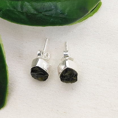 Genuine Pear-Shaped Raw Moldavite Earrings in Sterling Silver Handmade Minimalist Collet Studs with Secure Push Back- Selling Per Pair
