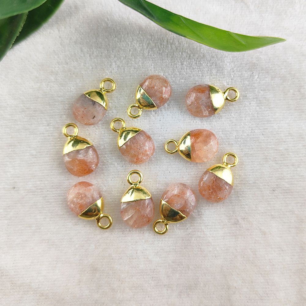 Genuine Sunstone Tumble Pendant 8–10mm Smooth Polished Healing Crystal Birthstone Charm with Gold or Silver Electroplated Cap- Selling Per Piece
