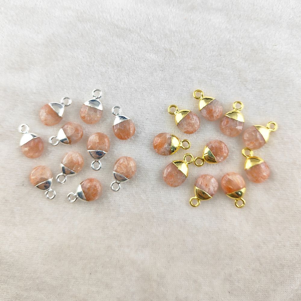 Genuine Sunstone Tumble Pendant 8–10mm Smooth Polished Healing Crystal Birthstone Charm with Gold or Silver Electroplated Cap- Selling Per Piece