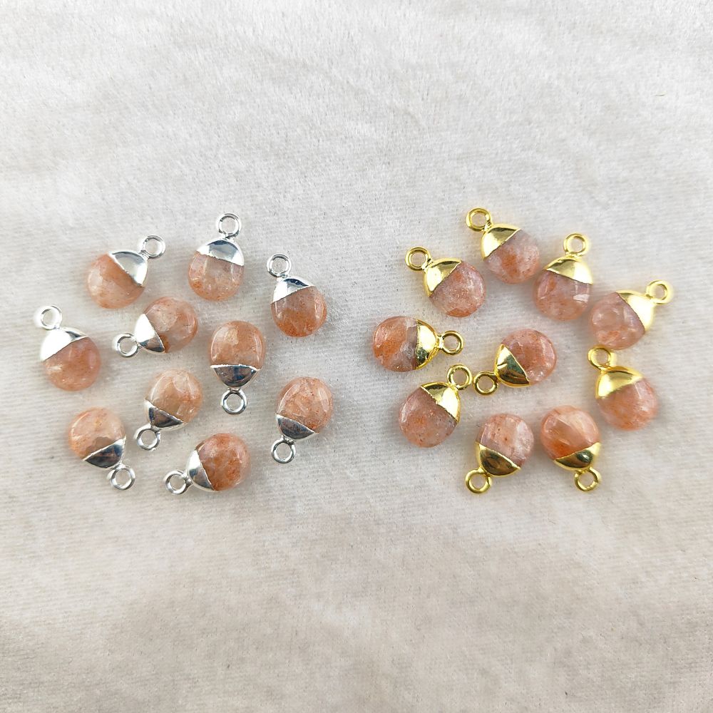 Genuine Sunstone Tumble Pendant 8–10mm Smooth Polished Healing Crystal Birthstone Charm with Gold or Silver Electroplated Cap- Selling Per Piece