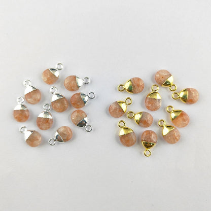 Genuine Sunstone Tumble Pendant 8–10mm Smooth Polished Healing Crystal Birthstone Charm with Gold or Silver Electroplated Cap- Selling Per Piece
