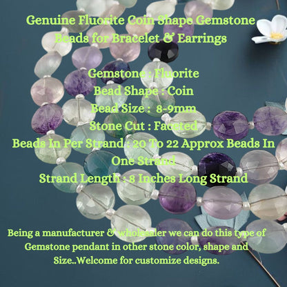 Genuine Fluorite Coin Shape Gemstone Beads for Bracelet & Earrings