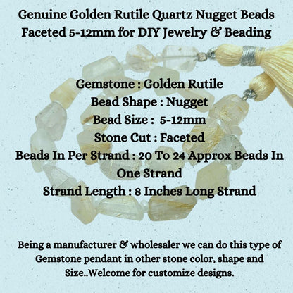 Genuine Golden Rutile Quartz Nugget Beads Faceted 5-12mm for DIY Jewelry & Beading