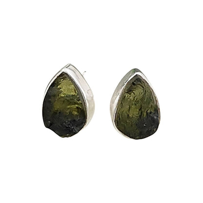 Authentic Raw Moldavite Stud Earrings Handmade Sterling Silver Minimalist Collet Set Push Back Closure Gemstone Jewelry for Women- Selling Per Pair