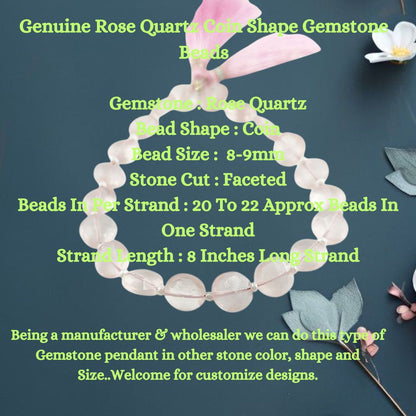 Genuine Rose Quartz Coin Shape Gemstone Beads