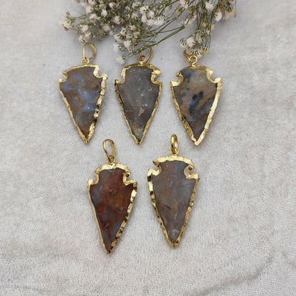 Gold Electroplated Agate Arrowhead Pendant Raw Natural Gemstone for DIY Necklaces & Tribal Jewelry Designs- Selling Per Piece