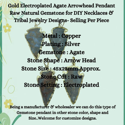 Gold Electroplated Agate Arrowhead Pendant Raw Natural Gemstone for DIY Necklaces & Tribal Jewelry Designs- Selling Per Piece