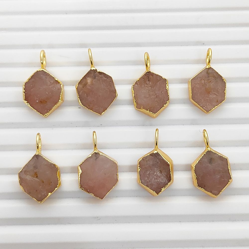 Gold Electroplated Raw Rose Quartz Hexagon Charm Pendant for DIY Necklace Bracelet Jewelry Making- Selling Per Piece