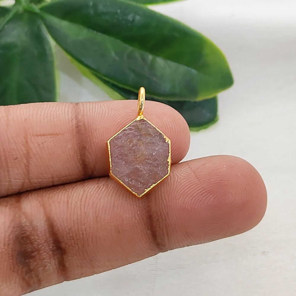 Gold Electroplated Raw Rose Quartz Hexagon Charm Pendant for DIY Necklace Bracelet Jewelry Making- Selling Per Piece