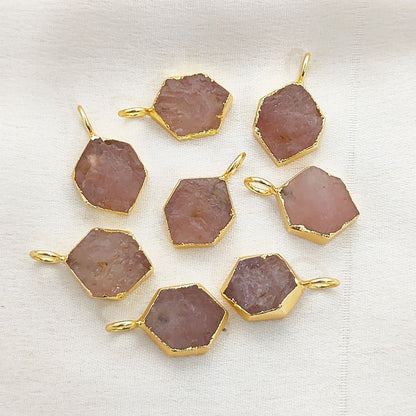 Gold Electroplated Raw Rose Quartz Hexagon Charm Pendant for DIY Necklace Bracelet Jewelry Making- Selling Per Piece