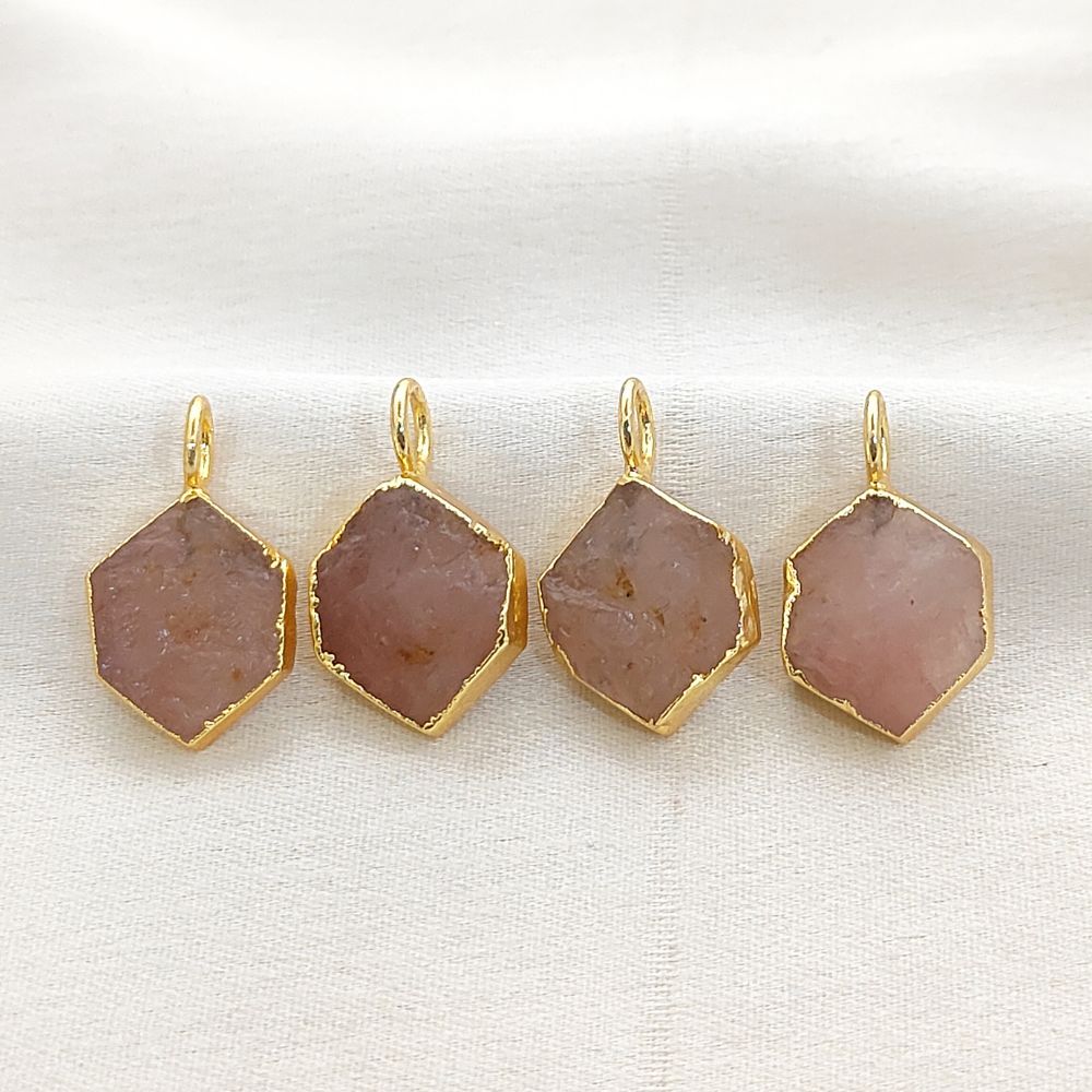 Gold Electroplated Raw Rose Quartz Hexagon Charm Pendant for DIY Necklace Bracelet Jewelry Making- Selling Per Piece