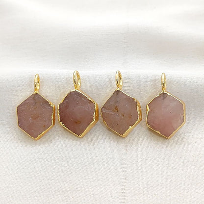 Gold Electroplated Raw Rose Quartz Hexagon Charm Pendant for DIY Necklace Bracelet Jewelry Making- Selling Per Piece