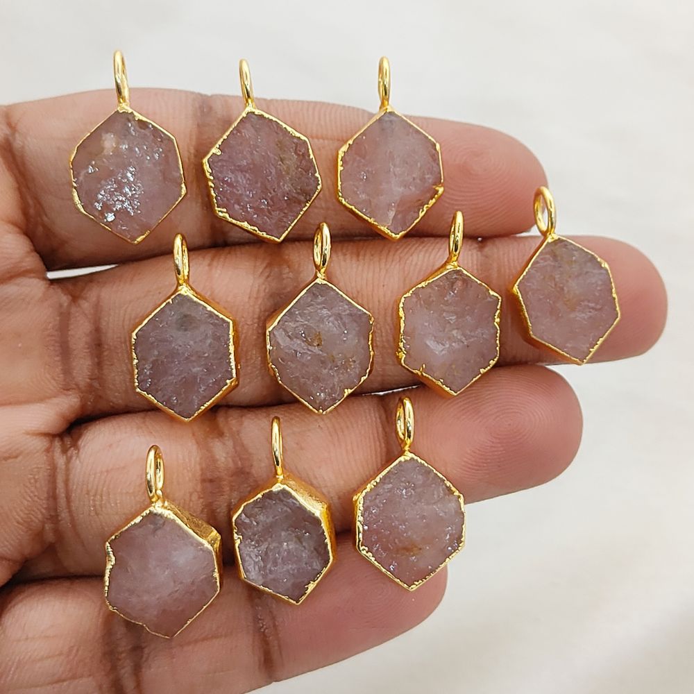 Gold Electroplated Raw Rose Quartz Hexagon Charm Pendant for DIY Necklace Bracelet Jewelry Making- Selling Per Piece
