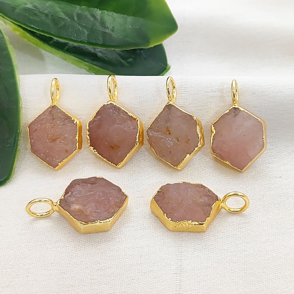 Gold Electroplated Raw Rose Quartz Hexagon Charm Pendant for DIY Necklace Bracelet Jewelry Making- Selling Per Piece